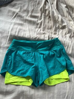 Nike Women's Teal & Neon Yellow Athletic Running Shorts